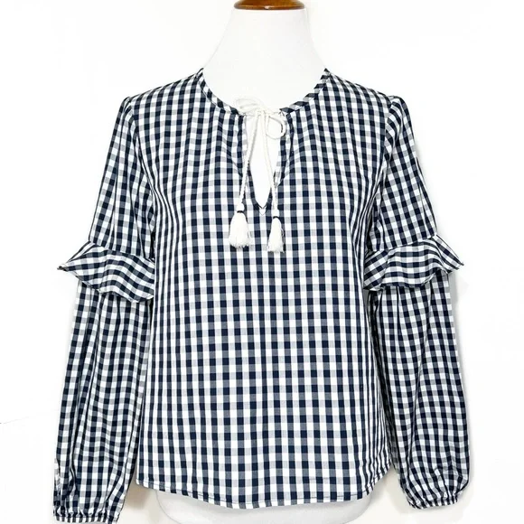 Splendid Navy Gingham Check Ruffled Tie Neck Navy White Long Sleeve Peasant Top - Picture 2 of 10